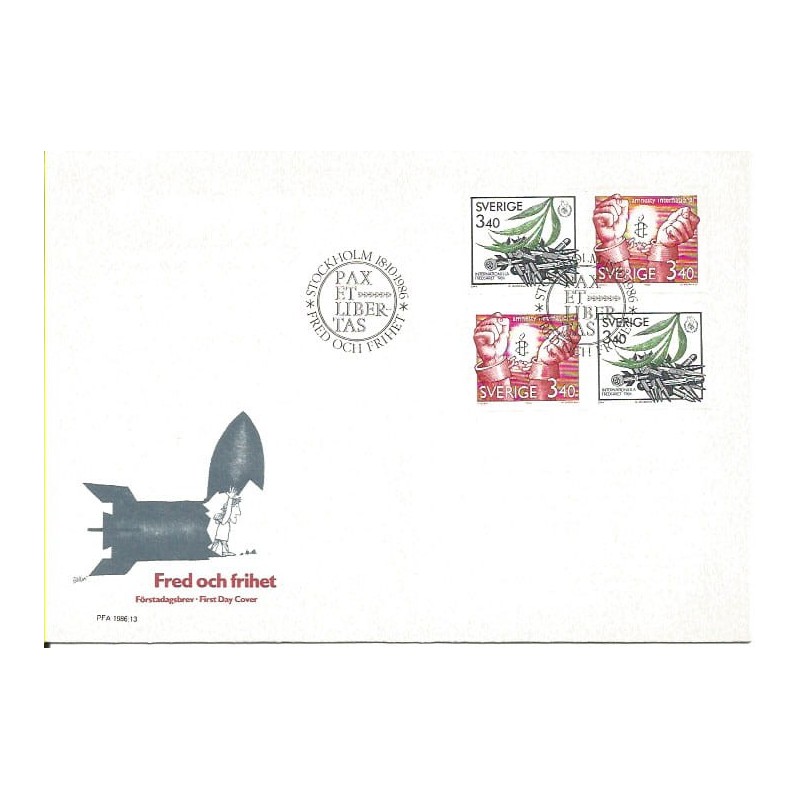 Szwecja 1986, Pokój, bomba, Amnesty. FDC