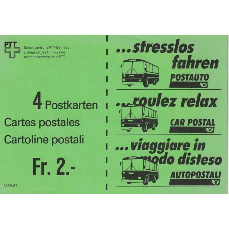 Szwajcaria 1986, Zeszycik, 4 kartki Cp, autobus.
