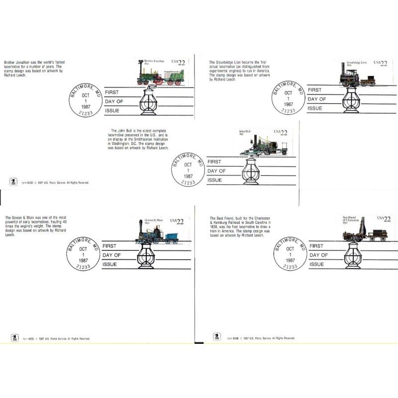 USA 1987, Kolej, lokomotywy. FDC, 5 szt.