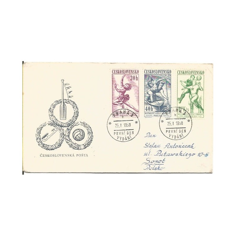 Czechosłowacja 1958, Sport, łyżwiarstwo, piłka nożna. FDC