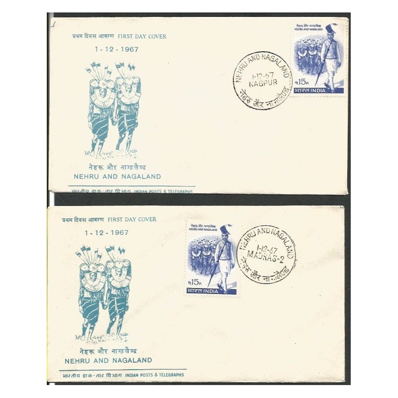 Indie 1967, J. Nehru, Nagaland. 2 FDC z różnych miast