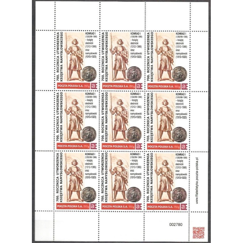 2013 Personalizowany. Namysłów, Oleśnica, książę Konrad I. Arkusz