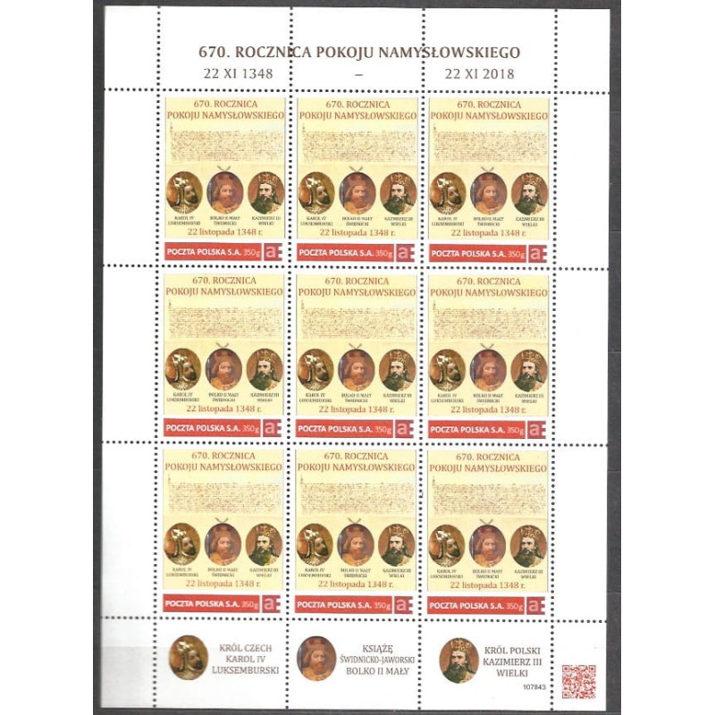 2018 Personalizowany. Namysłów, pokój, cesarz Karol, król Kazimierz Wielki, książę Bolko Świdnicki, Świdnica . Arkusz