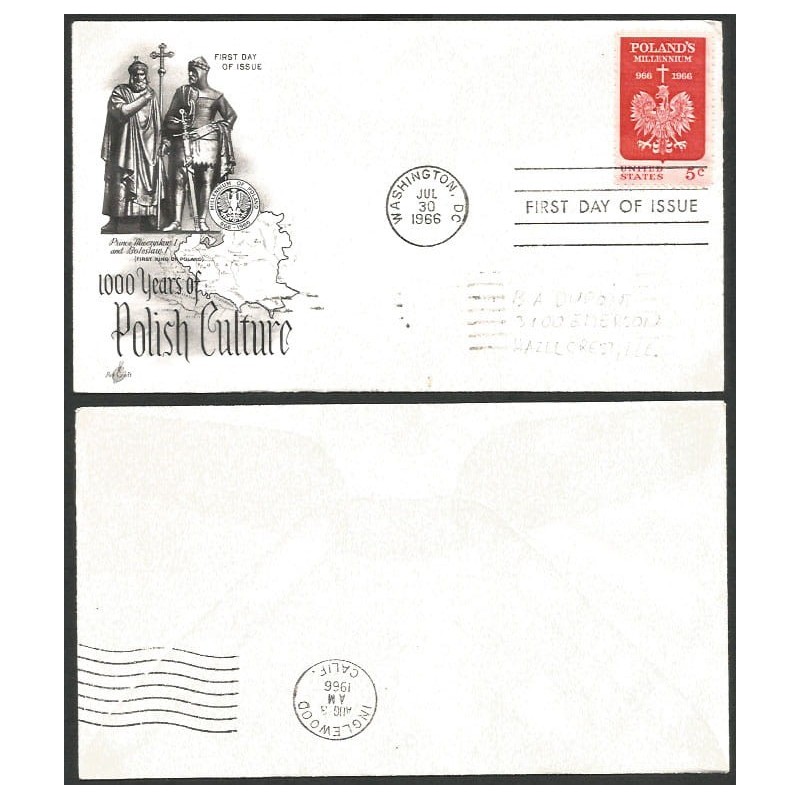 USA 1966, Polska, 1000 lat chrześcijaństwa. FDC z obiegu