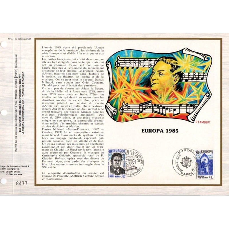 Francja 1985, EUROPA CEPT, muzyka, proj. J. RAJEWICZ. Karnet