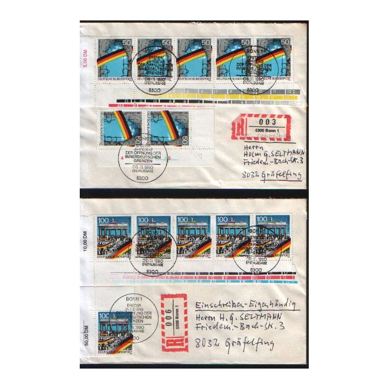 Niemcy 1990, Zjednoczenie Niemiec, otwarcie granic. 2 FDC Bonn, polecone