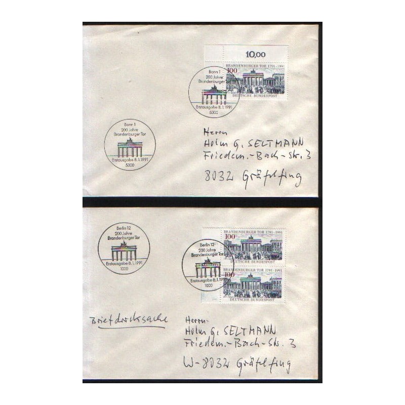 Niemcy 1991, Brama brandenburska. FDC Berlin i Bonn
