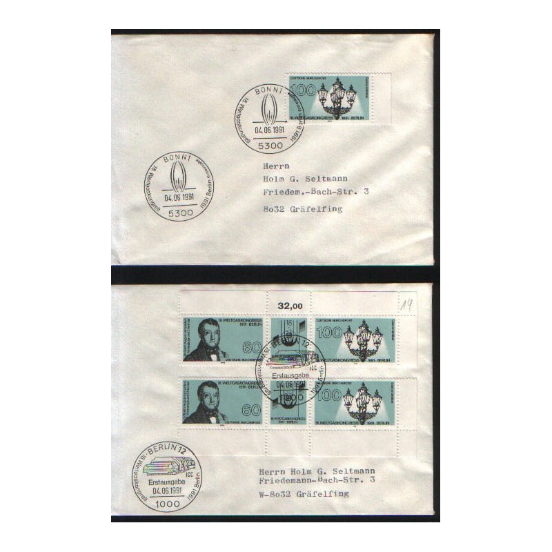 Niemcy 1991, Gaz, kongres, lampa. FDC Berlin i Bonn