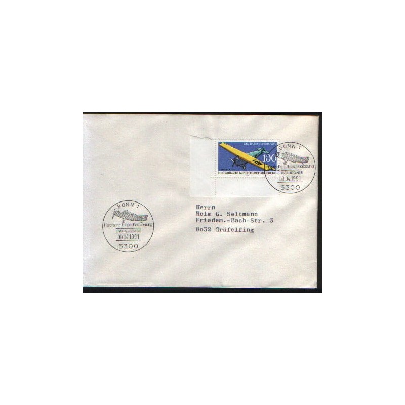 Niemcy 1991, Lotnictwo, samolot Fokker. FDC Bonn