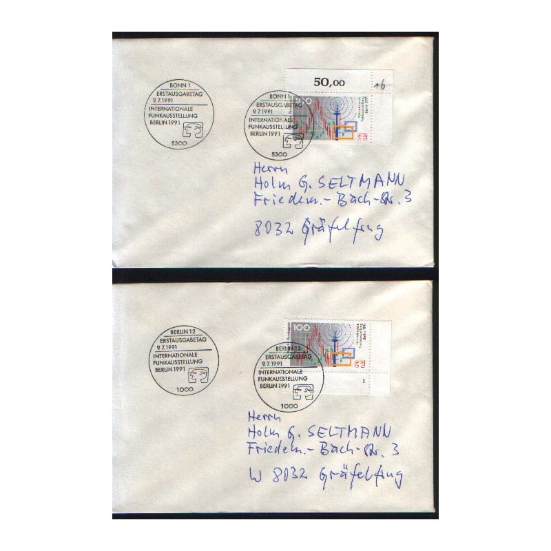 Niemcy 1991, Telekomunikacja, radio, telewizja. FDC Berlin i Bonn