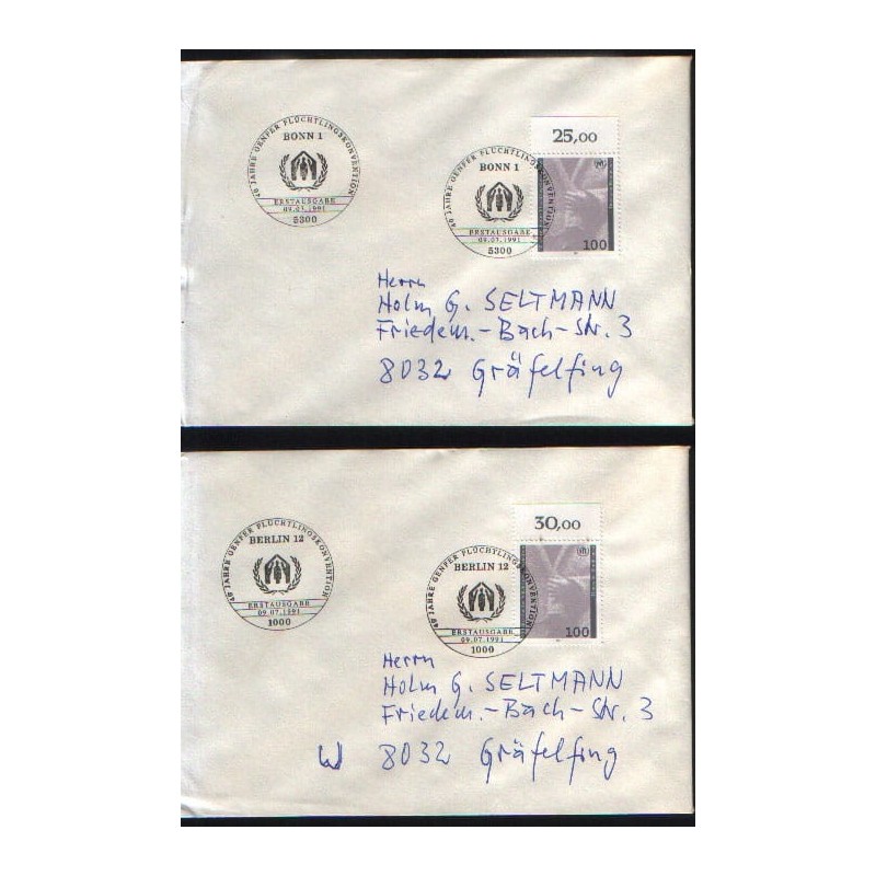 Niemcy 1991, Uchodźcy, ONZ, konwencja genewska. FDC Berlin i Bonn