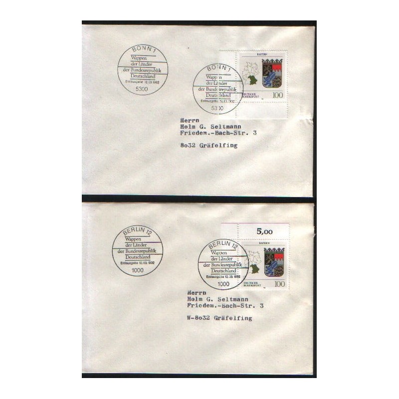 Niemcy 1992, Herby: Bawaria. FDC Berlin i Bonn