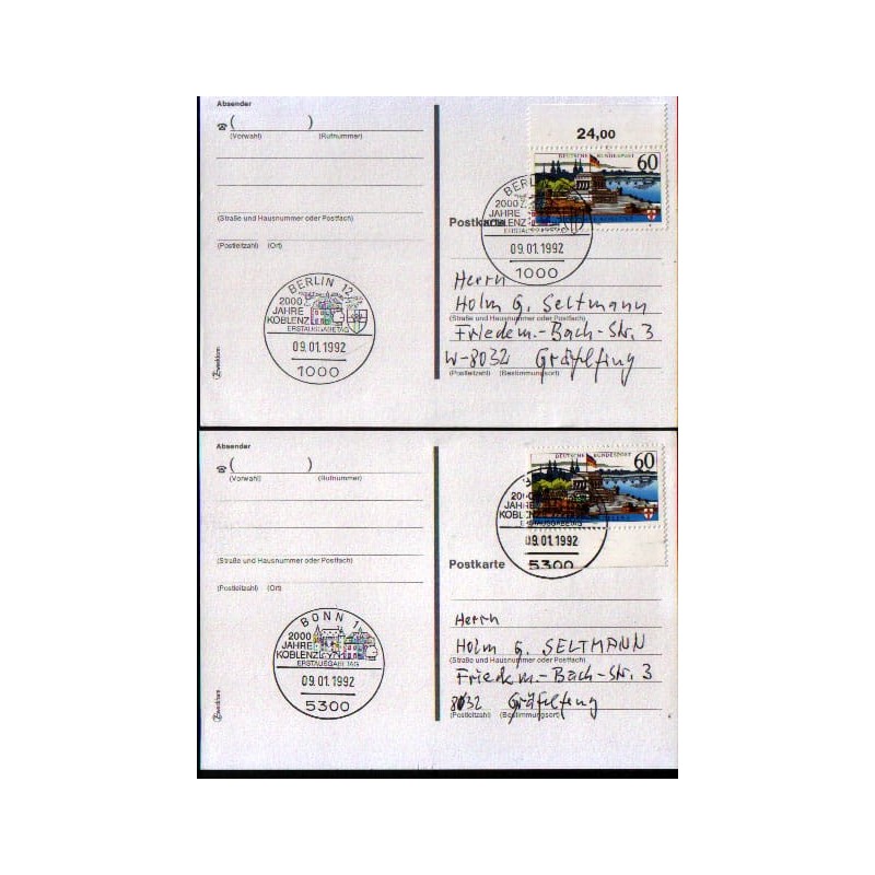 Niemcy 1992, Koblencja, herb. Monachium. FDC Berlin i Bonn