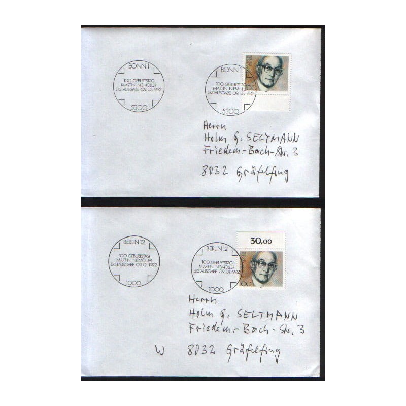 Niemcy 1992, M. Niemoller, protestantyzm, pacyfizm. FDC Berlin i Bonn