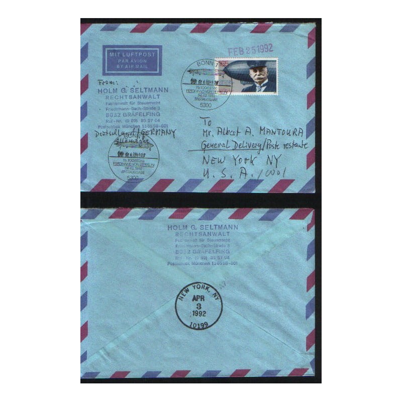 Niemcy 1992, Sterowce, F. von Zeppelin. FDC Bonn, obieg do USA