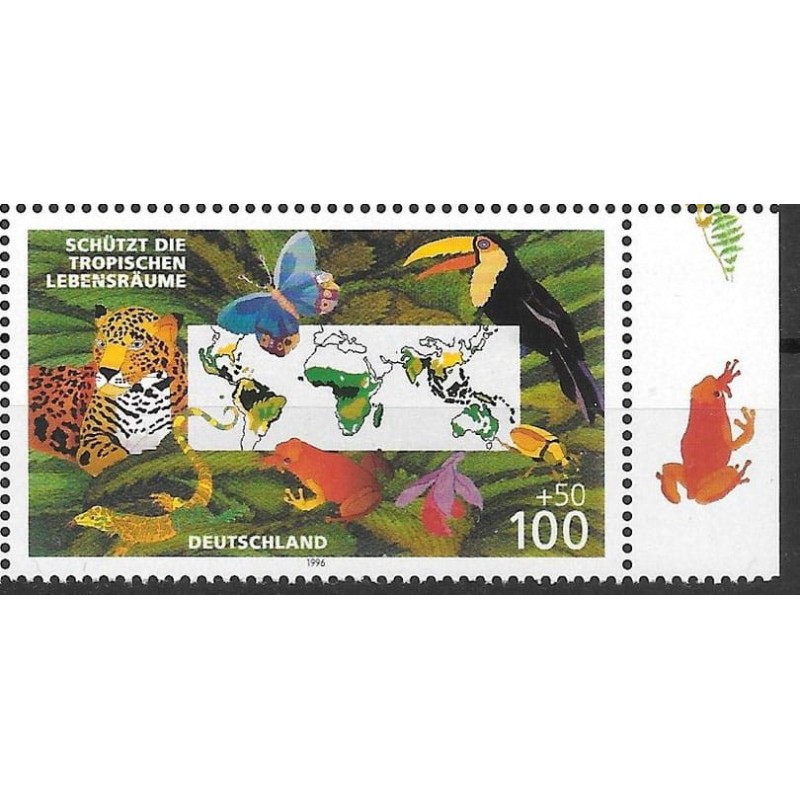 Niemcy 1996, Fauna tropikalna, tygrys, ptaki, motyle, żaba. Margines **