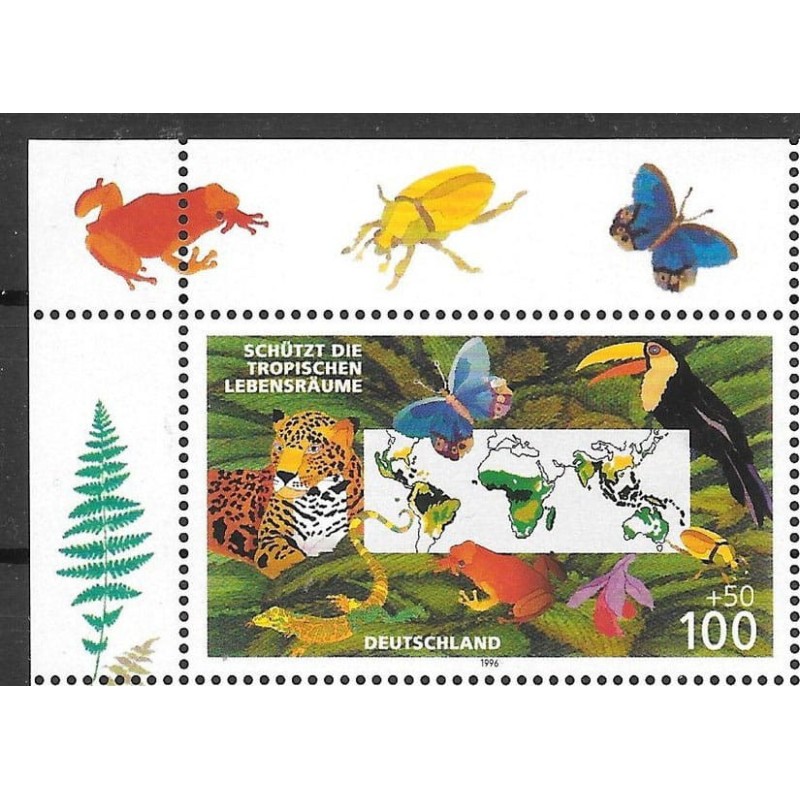 Niemcy 1996, Fauna tropikalna, tygrys, ptaki, motyle, żaba. Margines **