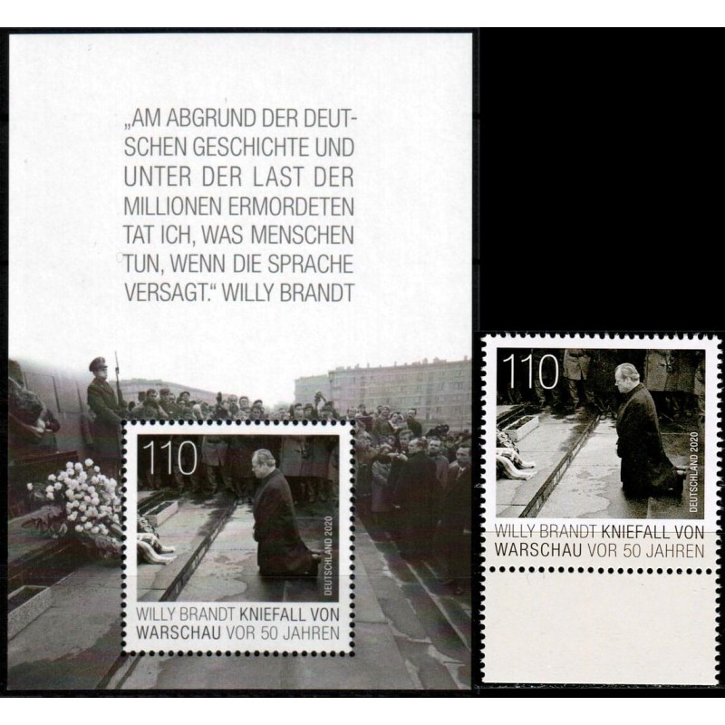 Niemcy 2020, Willy Brandt, Warszawa, pomnika getta. Blok i znaczek z arkusika **