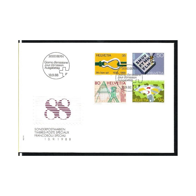 Szwajcaria 1988, Czerwony Krzyż, metal, topografia. FDC