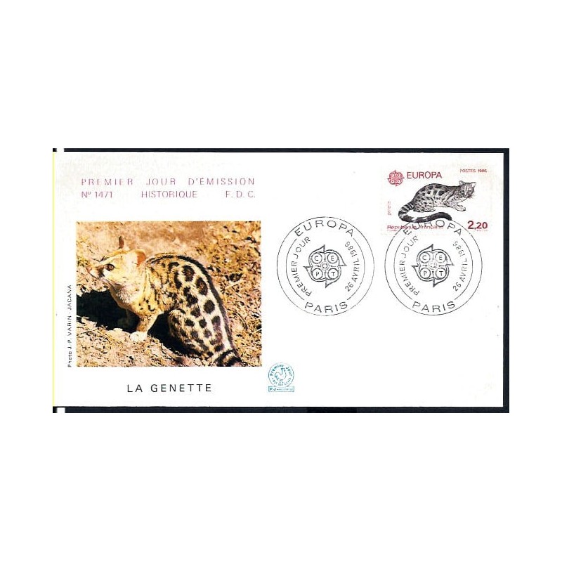 Francja 1986, Ssaki: kot żeneta. EUROPA CEPT. FDC
