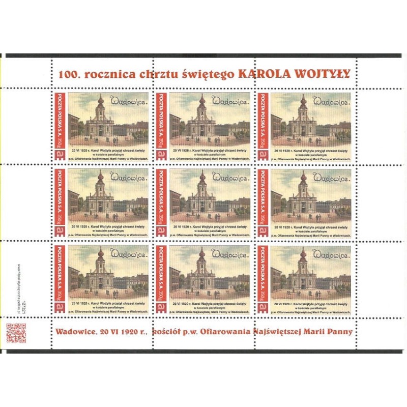 2020 Personalizowany. Papież Jan Paweł II. 100 urodziny, Wadowice. Arkusz