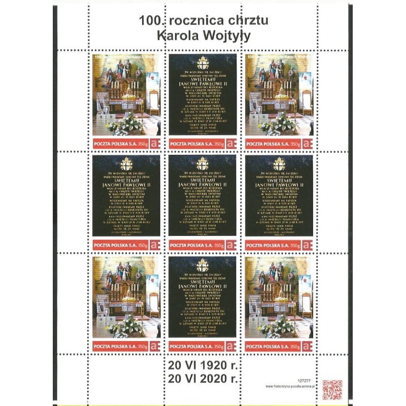 2020 Personalizowany. Papież Jan Paweł II. 100 urodziny. Arkusz