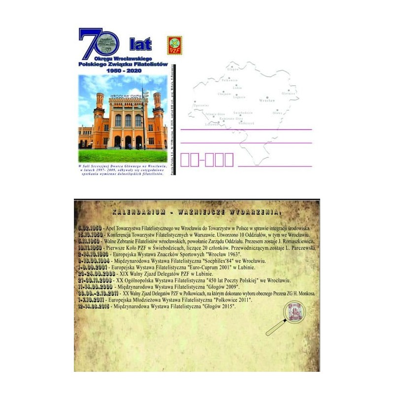 Kartka Wrocław 2020, Dworzec Główny, kolej, 70 lat ZO PZF, mapa Oleśnica Oława Głogów Lubin Polkowice Chojnów Legnica