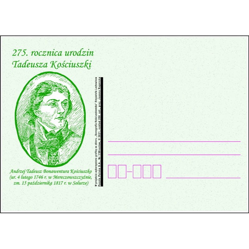 Kartka Wrocław 2021, T. Kościuszko, 275. rocznica urodzin