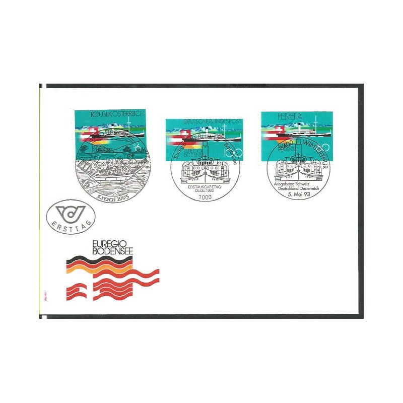 Szwajcaria 1993, Żegluga na jeziorze Bodeńskim. FDC z Austrią i Niemcami