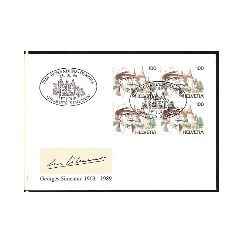Szwajcaria 1994, G. Simenon, kryminały, pisarz. FDC z czwórką