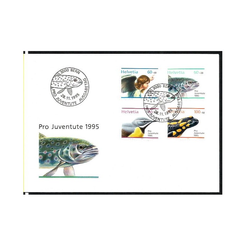 Szwajcaria 1995, Fauna, ptaki, ryby. Boże Narodzenie. Pro Juventute. FDC