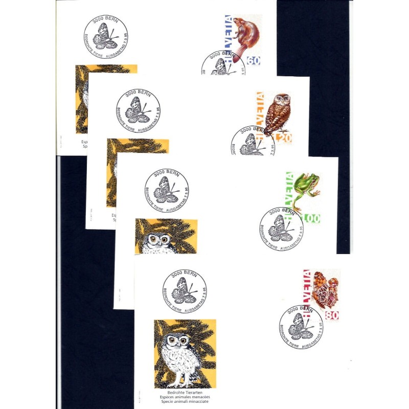 Szwajcaria 1995, Fauna: sowa, motyl, żaba, wydra. 4 FDC