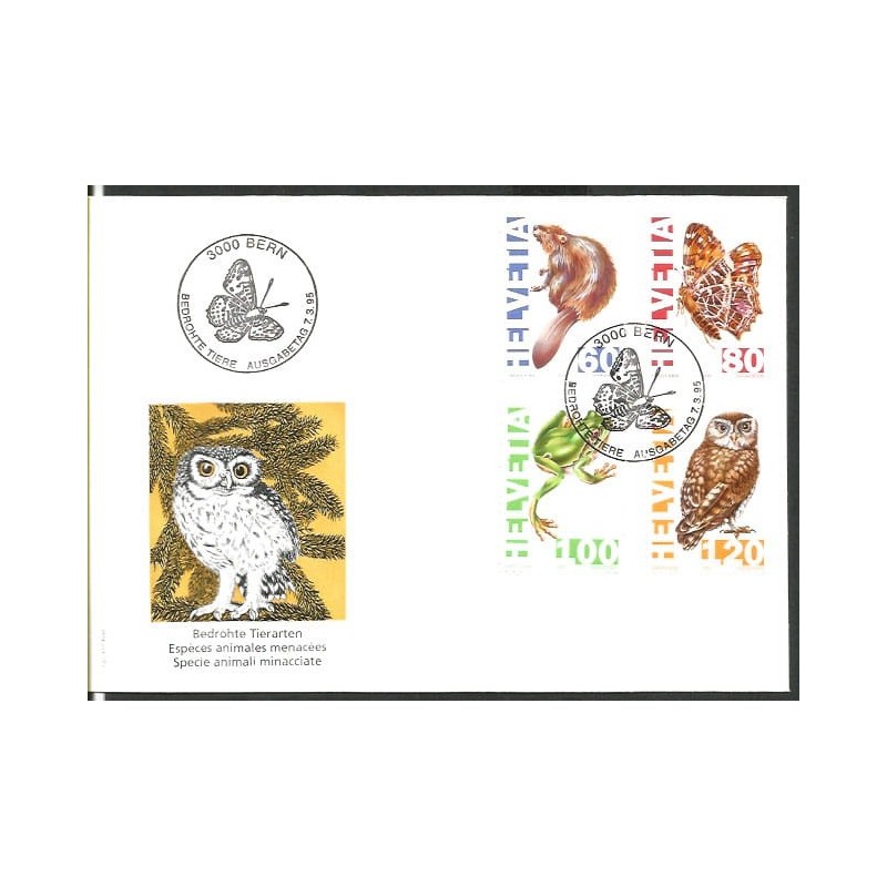 Szwajcaria 1995, Fauna: sowa, motyl, żaba, wydra. FDC