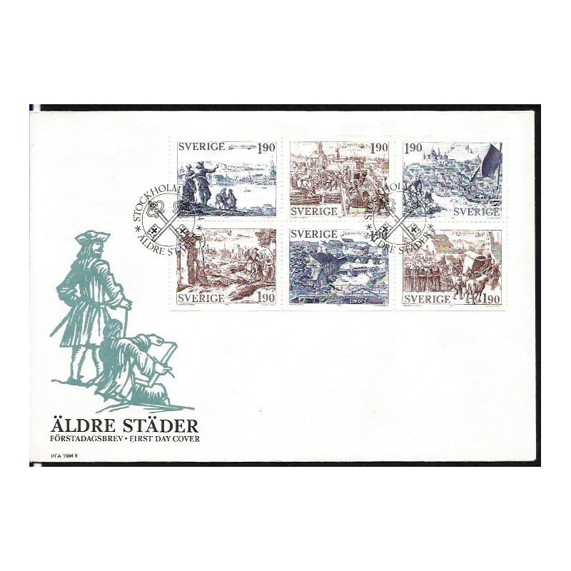 Szwecja 1984, Dawne widoki miast, grafika. FDC