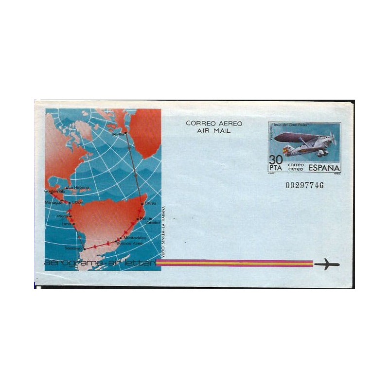 Hiszpania 1982, Aerogram, lotnictwo, mapa, Ameryka Południowa.