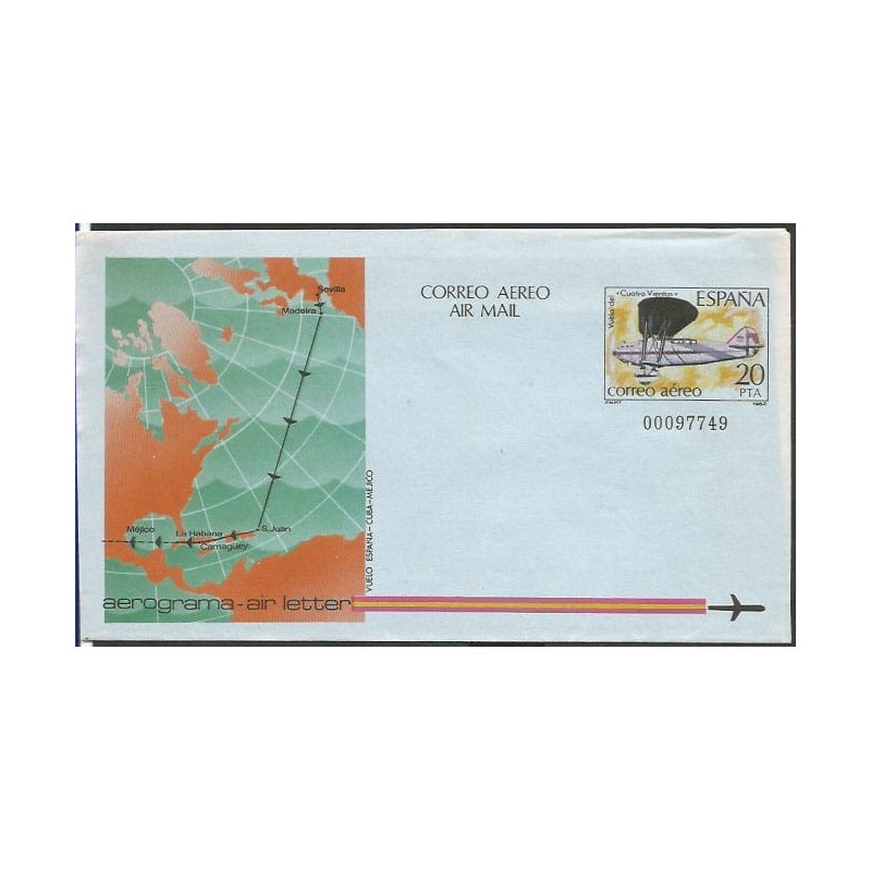 Hiszpania 1982, Aerogram, lotnictwo, mapa, Ameryka Północna.