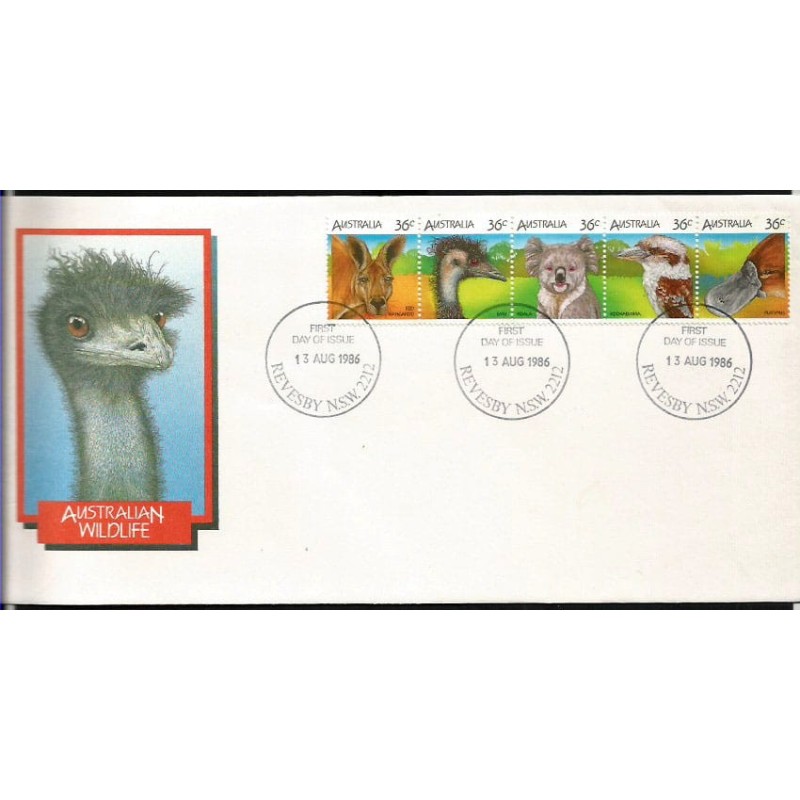 Australia 1986, Fauna: struś kangur koala ptak dziobak. FDC