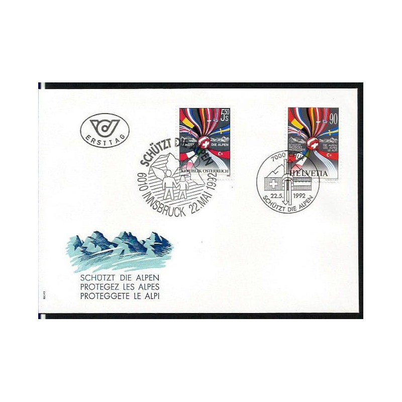 Szwajcaria 1992, Góry Alpy, ochrona. FDC z Austrią