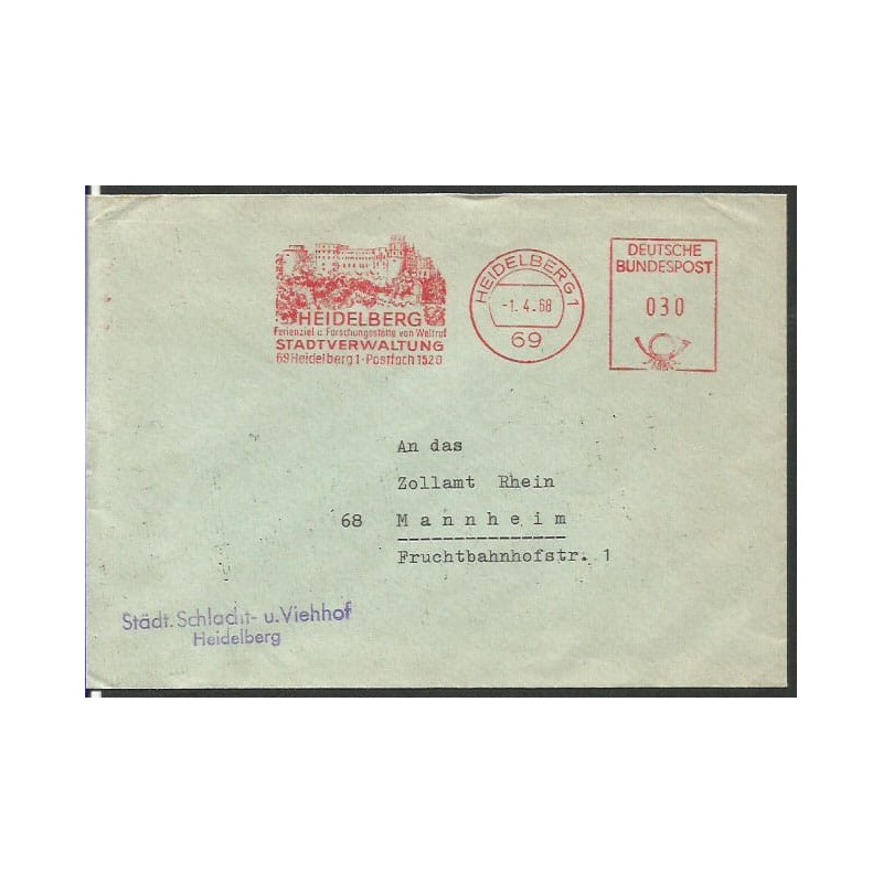 Niemcy 1968, Heidelberg, zamek, reformacja. Frankatura mechaniczna Heidelberg