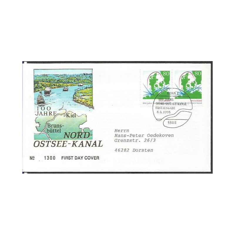 Niemcy 1995, Kanał Północny, Bałtyk, mapa. FDC