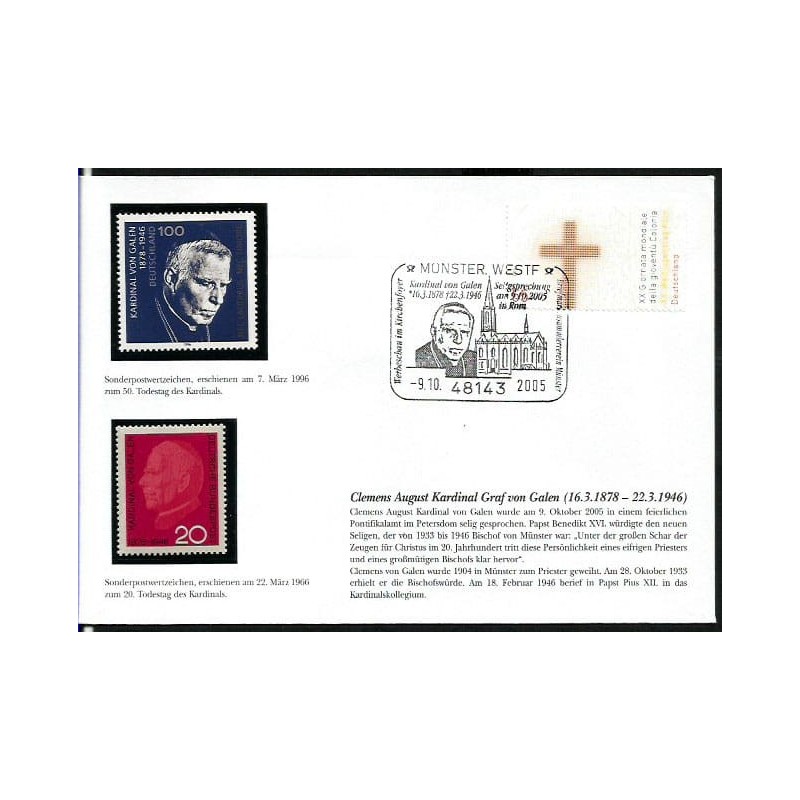 Niemcy 2005, Kardynał von Galen. Całość z dwoma znaczkiami ** w hawidach. Munster