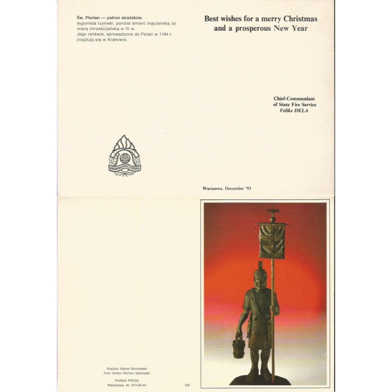 1993 Kraków, straż pożarna, Święty Florian. Kartka