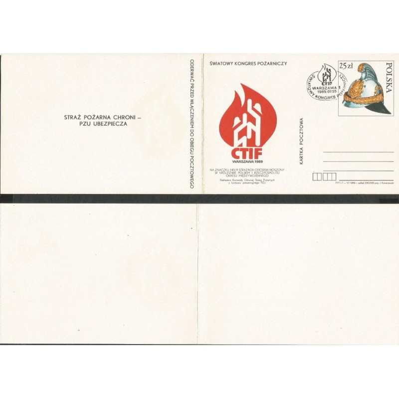 Fi 1001 K, karnet Światowy Kongres Pożarnictwa. CTIF, straż pożarna. Datownik Warszawa. 1989
