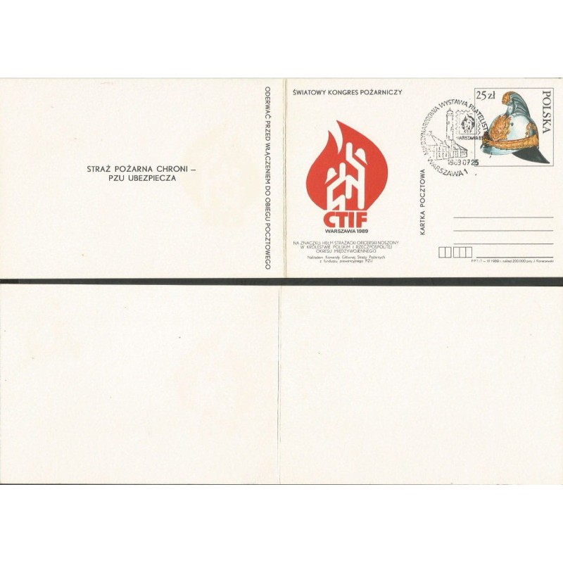 Fi 1001 K, karnet Światowy Kongres Pożarnictwa. CTIF, straż pożarna. Datownik Warszawa. 1989