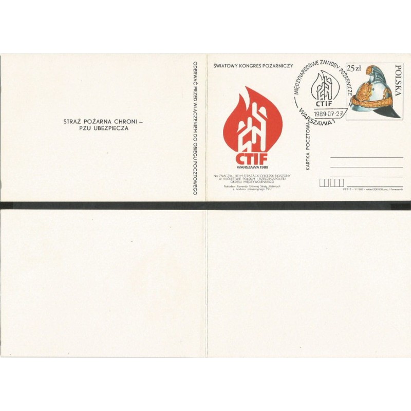Fi 1001 K, karnet Światowy Kongres Pożarnictwa. CTIF, straż pożarna. Datownik Warszawa. 1989