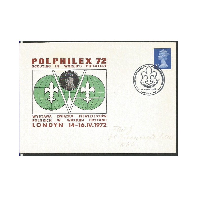 Wielka Brytania 1972, Harcerstwo, numizmatyka, filatelistyka, Polphilex. Londyn, ilustrowana koperta