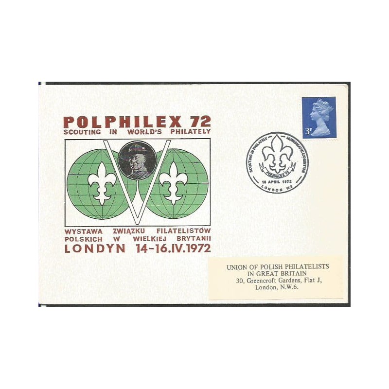 Wielka Brytania 1972, Harcerstwo, numizmatyka, filatelistyka, Polphilex. Londyn, ilustrowana koperta