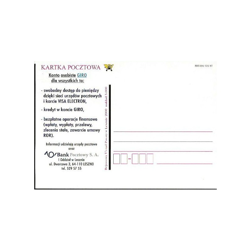Kartka Leszno 2000, Bank pocztowy, giro, reklama