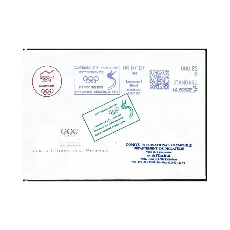 Francja 2007, Sesja MKOl Gwatemala, olimpiada Soczi. Frankatura mechaniczna ze stemplami dodatkowymi