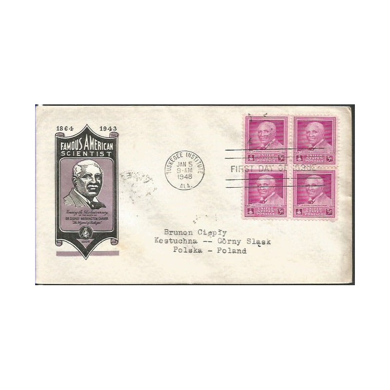 USA 1948, G. W. Carver, botanika, rolnictwo. FDC z obiegu do Polski